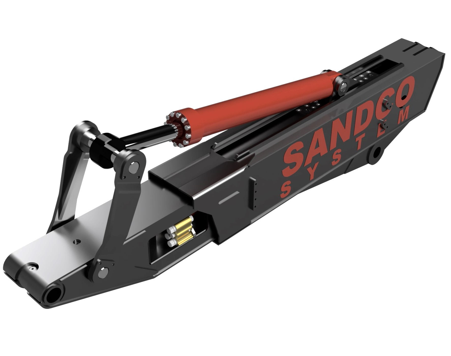 Sidovy av en svart och röd mekanisk komponent märkt 'SANDCO SYSTEM.' Enheten har en röd hydraulcylinder, en robust arm och flera mekaniska leder, designad för industriellt bruk.